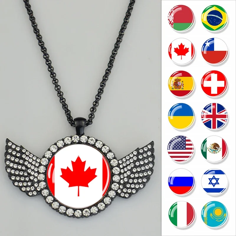 Esspoc Charms Crystal Pendant Flag Necklace Punk Black Chains Necklaces for Patriot Souvenir Gifts Belarus Mexico Spain UK Flags