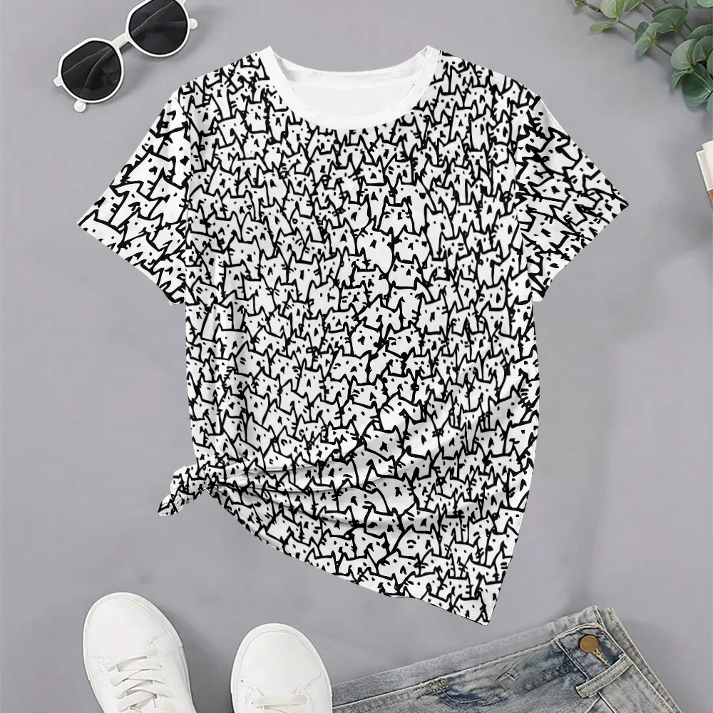 

Женская крутая черно-белая летняя футболка с рисунком кота в стиле граффити, повседневная модная футболка с круглым вырезом и коротким рукавом