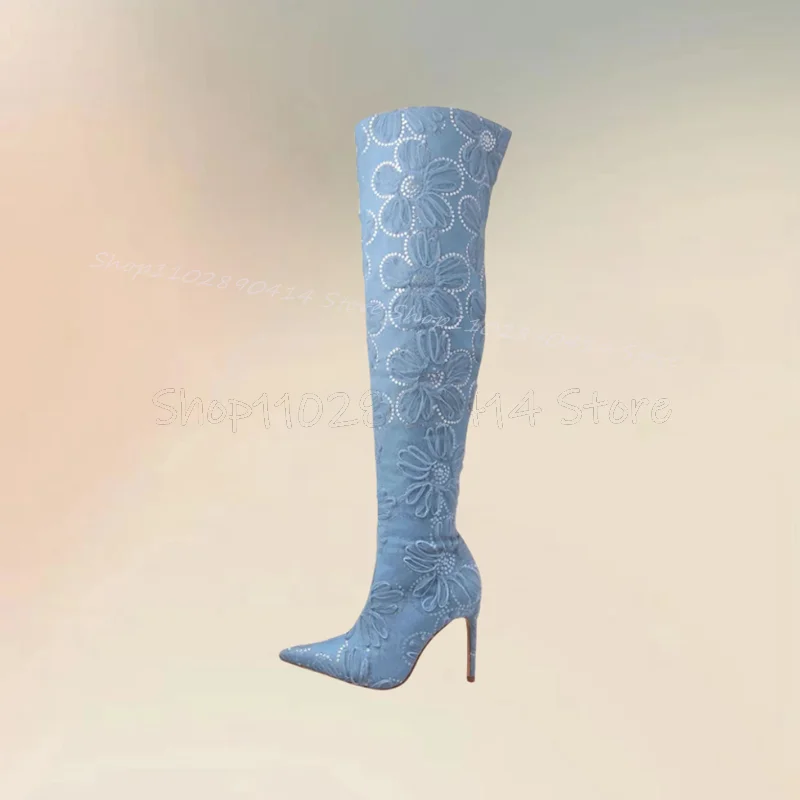 Blue Denim Floral Embroidery Pointed Toe Boots Side Zipper Women Shoes Thin High Heels Fashion Banquet 2024 Zapatos Para Mujere