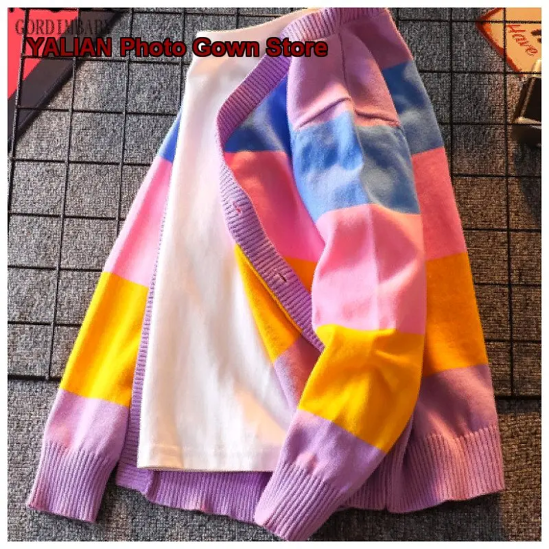 Girls Pure Cotton Knit Spring Outfit Colorful Striped Jacket for Older Kids Students