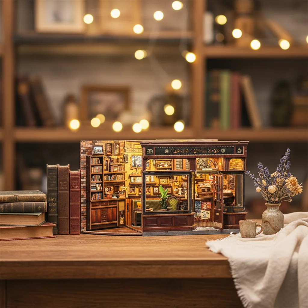 Multi-layer DIY Assembled Home Miniature Building Models Handmade 3D Pop-Up House Furniture Wood Street Corner Coffee Shop Toy