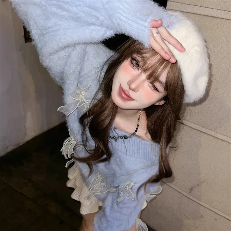 ถักเสื้อกันหนาวผู้หญิงโบว์VคอBaggy Pullovers VintageออกแบบStreetwear Slouchy All-Matchใหม่Ulzzangอินเทรนด์Girlish 2024