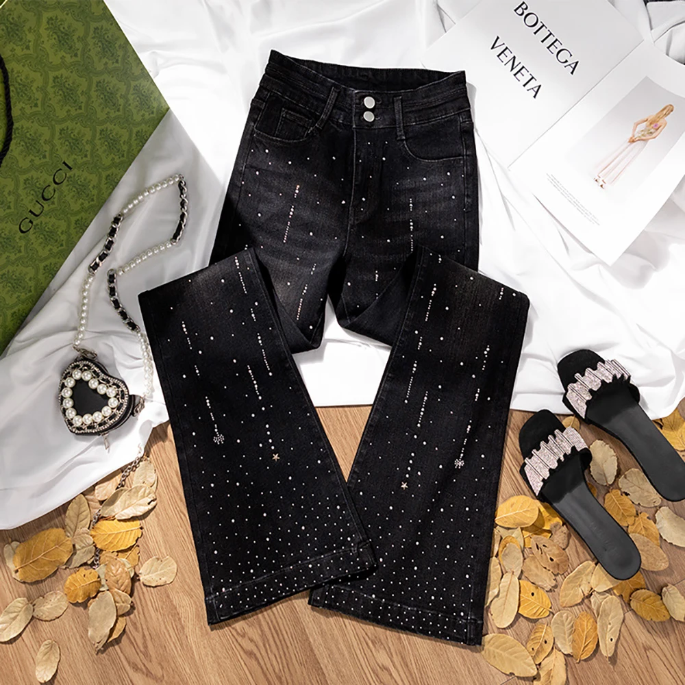 Starry Sky Hot Diamond Black Jeans for Women Spring Autumn High Waist Slim Flared Denim Pants Shiny Glitter Skinny Jeans 2026