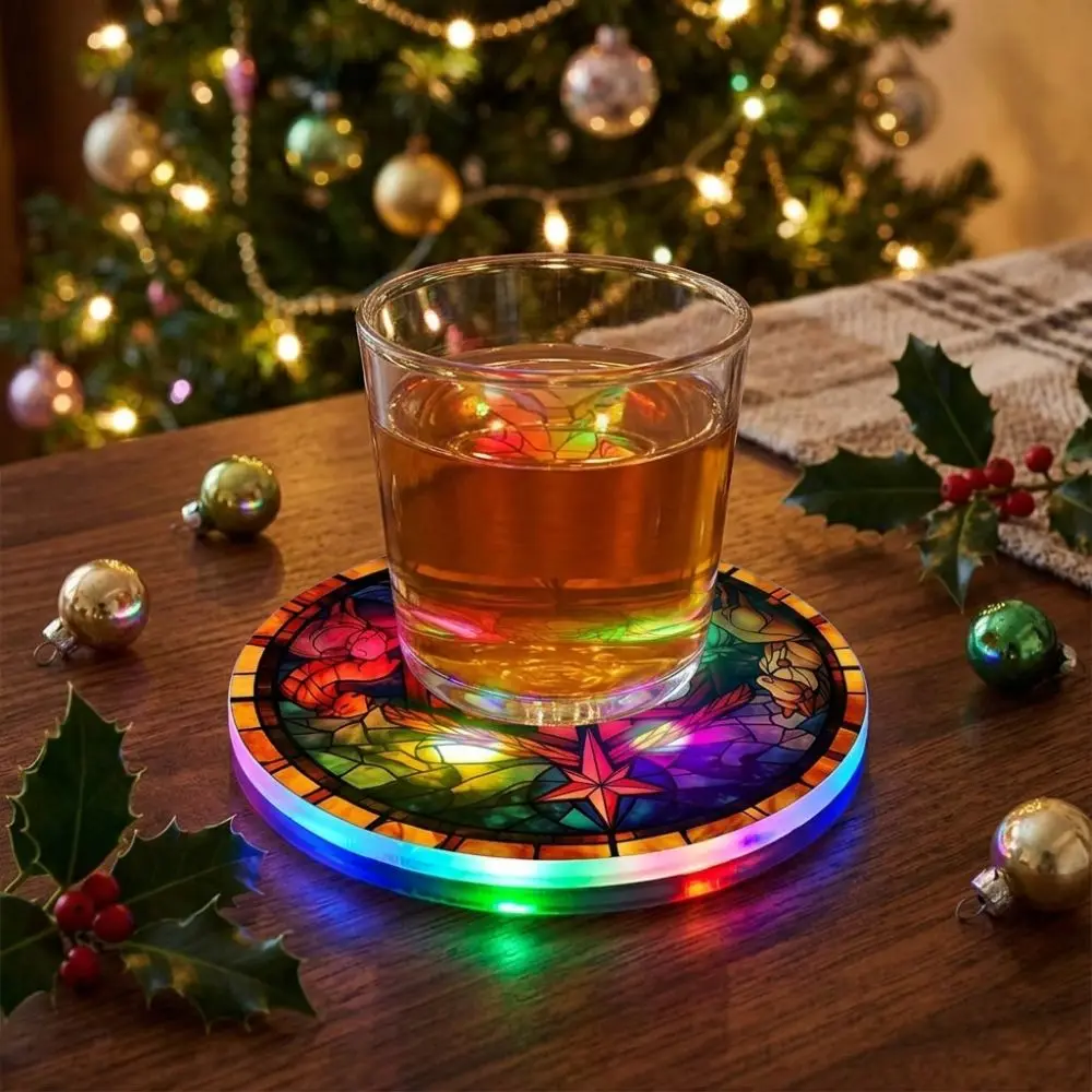Round Acrylic LED Glowing Coaster Christian Transparent Christmas Drink Pad Waterproof Colorful Religious Figure Coaster