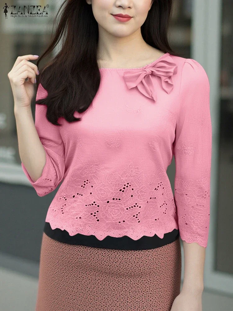 

ZANZEA Elegant Lady Lace Blouse Women Summer Tops 2025 Fashion 3/4 Sleeve Casual Solid Color Shirts Bow Streetwear Blusas Femme