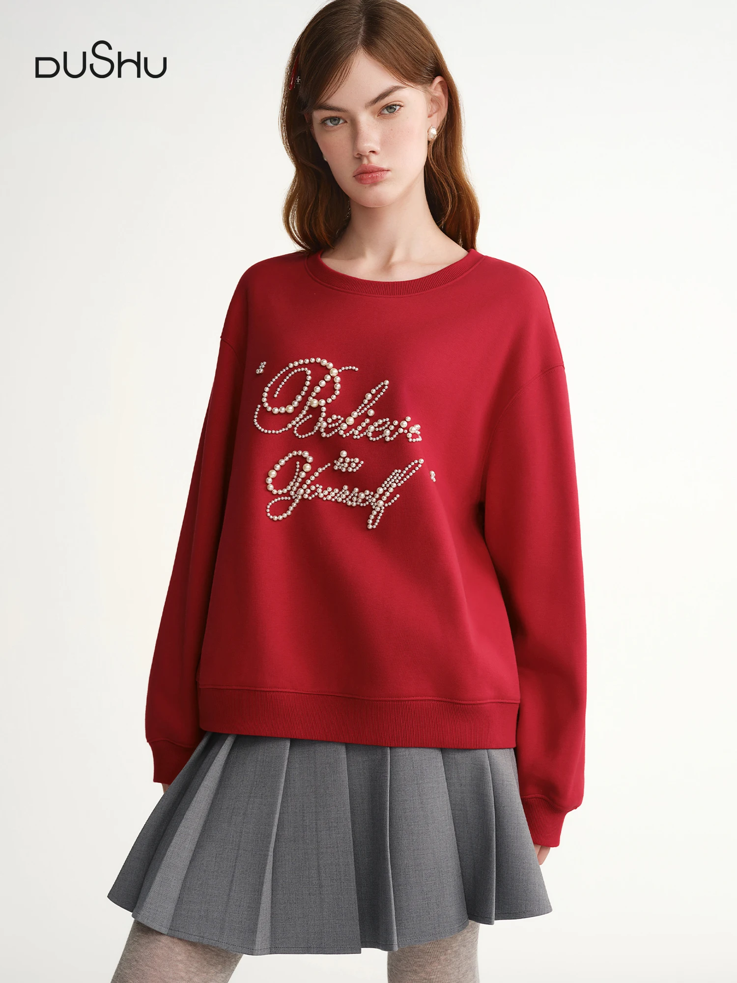 

DUSHU 2025 Winter Plus Size Beaded Letter Sweatshirt Round Neck Pearl Decor Top Women's Casual Oversized Cozy Pullover