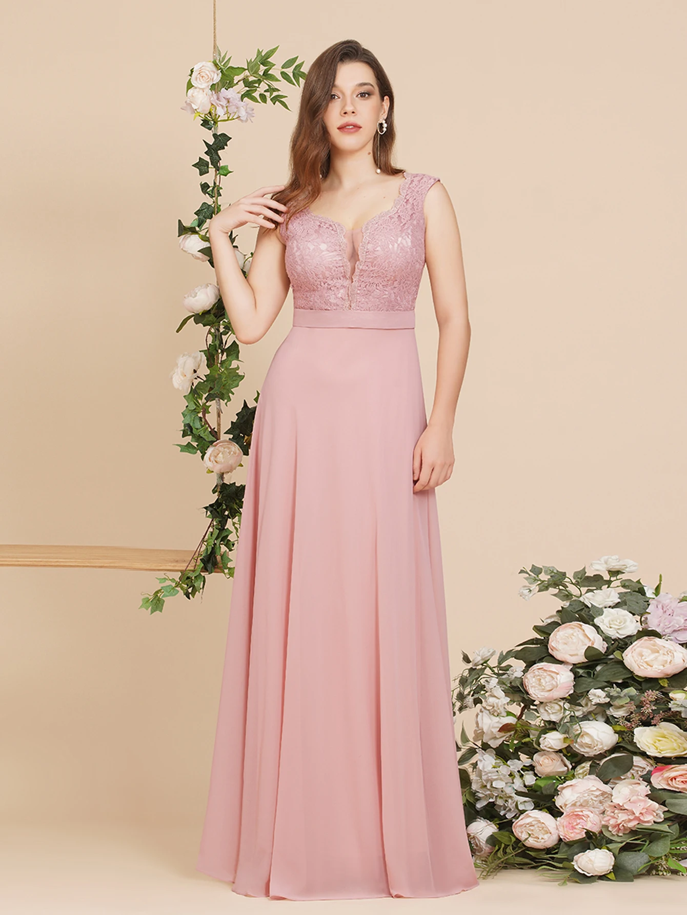 Dusty Rose Maxi Bridesmaid Dresses Chic and Elegant Sleeveless Lace Applique A Line Long Evening Gowns For Women Party Wedding