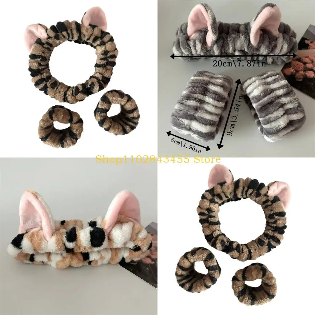 

49MC 3PCS/Set Lovely Kitten Ear Wristband Hairband Set Women Girls Wash Face and Make up Plush Wristband Headbands