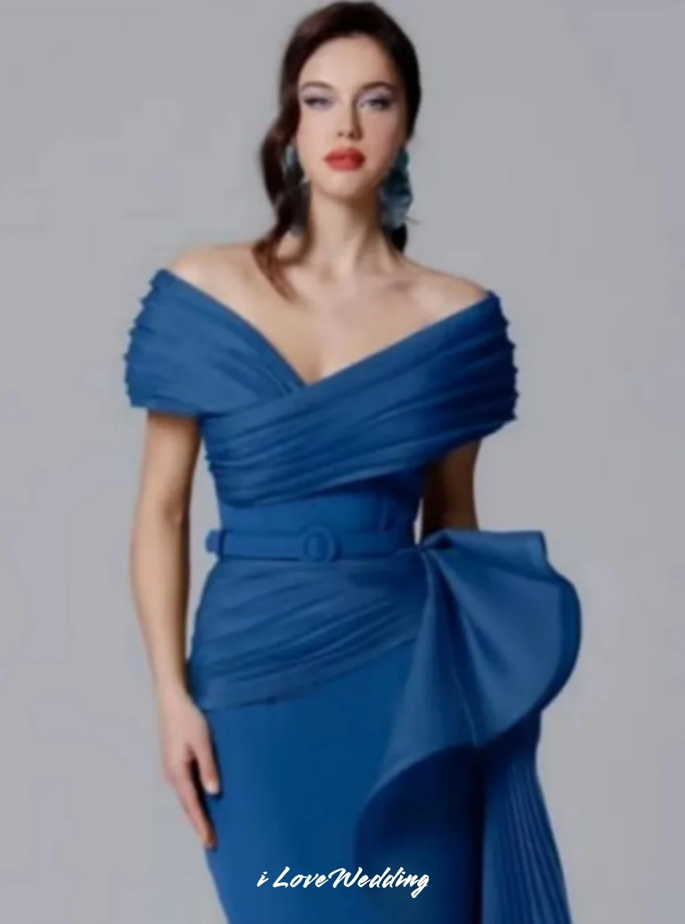 Blue Off the Shoulder Evening Dresses 2025 Satin V-Neck Belt Pleated Mermaid Floor-Length Wedding Party Dresses Customized