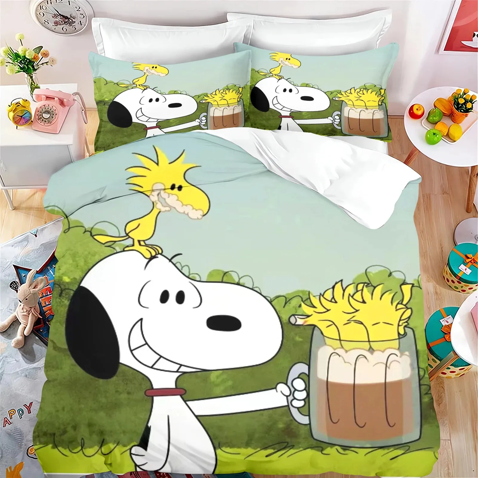 

Snoopy Bedding Set Cartoon Cute Duvet Cover Pillowcase Queen Bed King Bed Three-Piece Kids Bedding 135x200cm