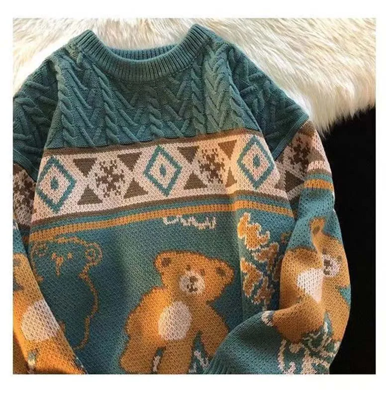 Japanese Vintage Cartoon Bear Crewneck Sweater For Men And Women Couple In Autumn And Winter Lazy Style Twist Knitwear Autumn An