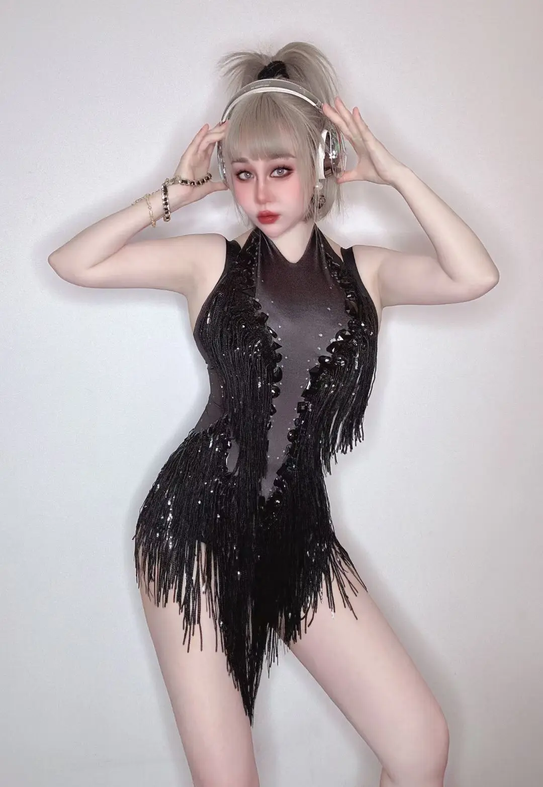 Flashing Red Sequins Fringes Rhinestones Transparent Bodysuit Woman Evening Birthday Celebrate Costume Dancer Leotard Shuye