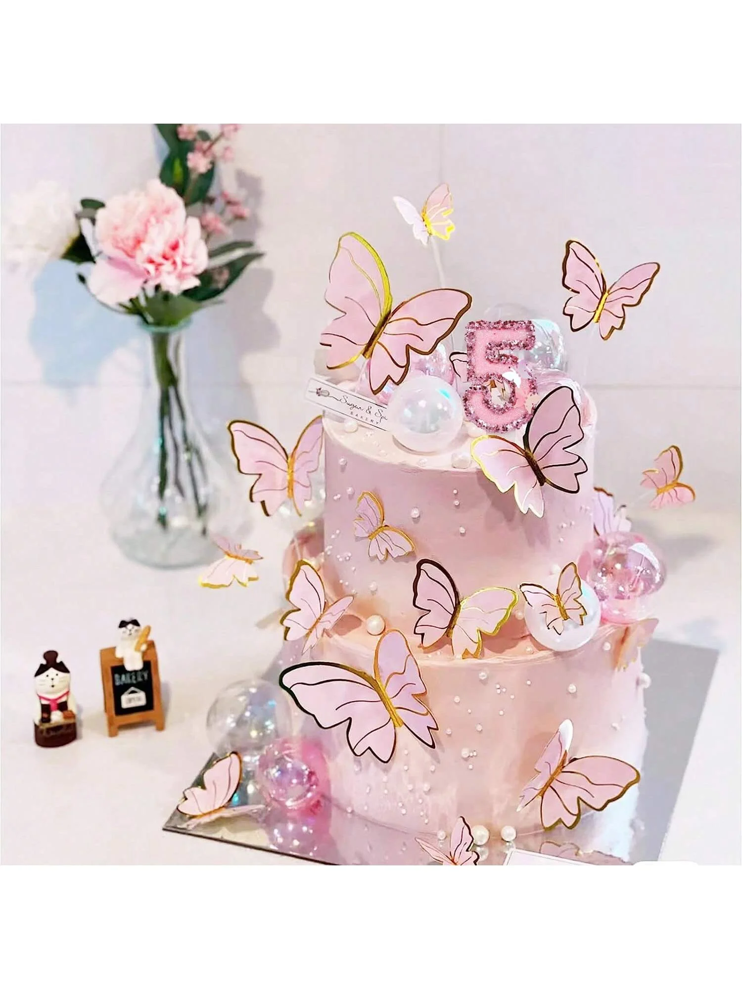 Birthday Number Candles, Pink Butterfly Sequin Happy Birthday Cake Candles for Ins Pink Theme Birthday Party Decoration,Handmade