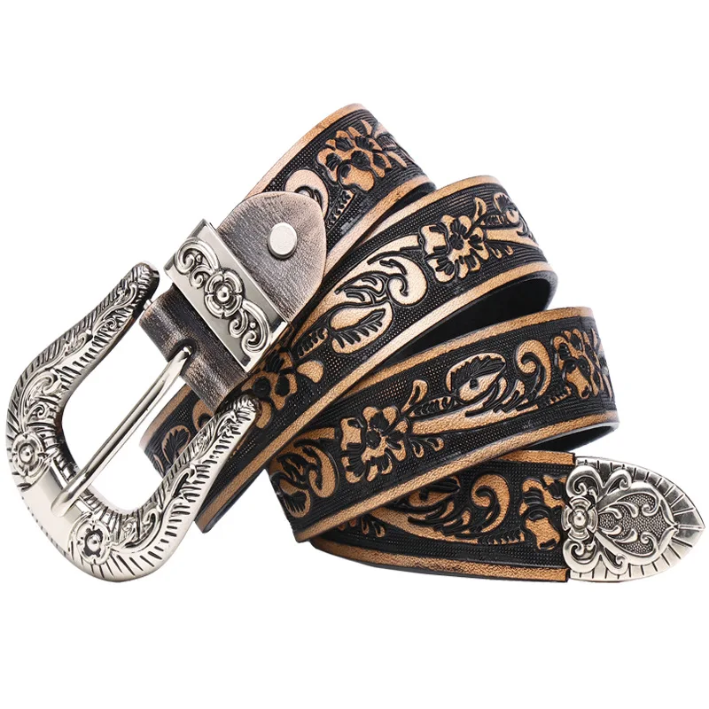 Top-layer cowhide small rose embossed leather carving belt, inch belt, unisex belt