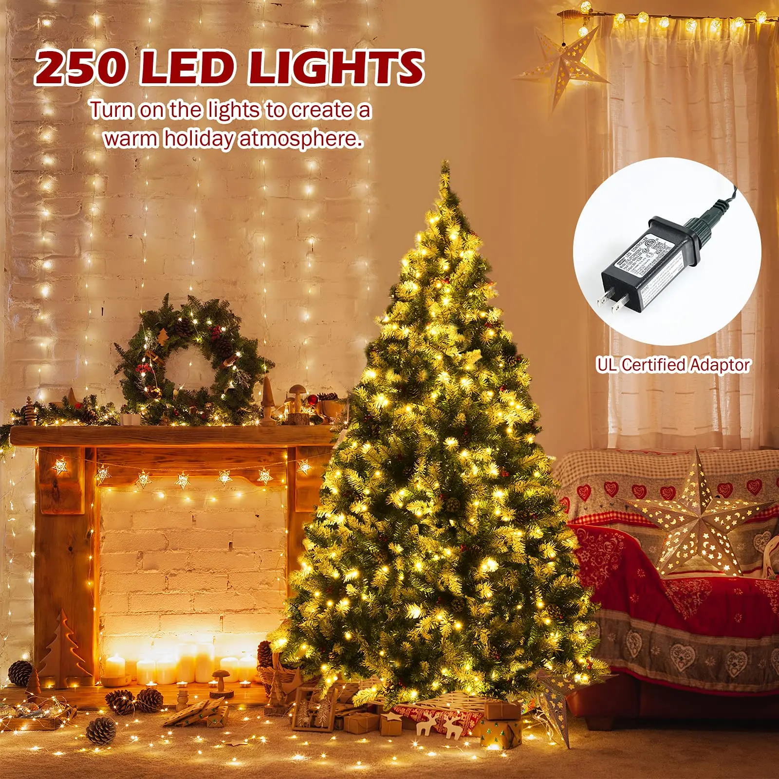 6ft Pre-lit Artificial Christmas Tree, Hinged Snow Flocked Xmas Tree w/Pine Cones, Red Berries & 250 LED Lights, 8