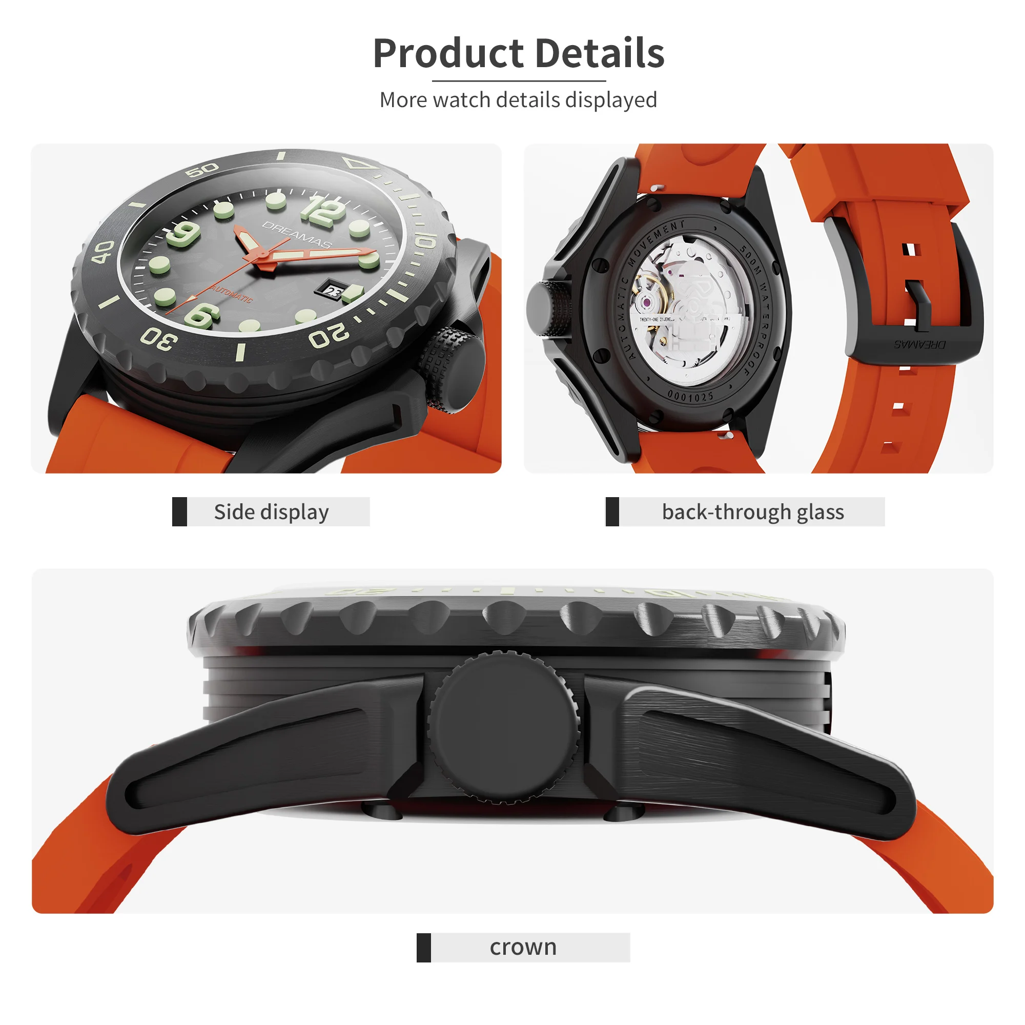 DREAMAS ساعة ميكانيكية للرجال سبائك التيتانيوم ساعة غوص سويسرية ثلاثية الأبعاد سوبر مضيئة 500 متر مقاوم للماء ساعة أوتوماتيكية DMS5050