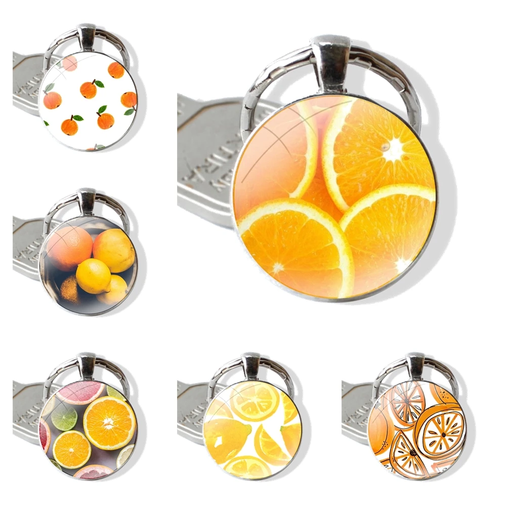 Cute Art Fruit Oranges Glass Metal Pendant Key Chain Classic Men Women Key Ring Accessories Jewelry Gifts