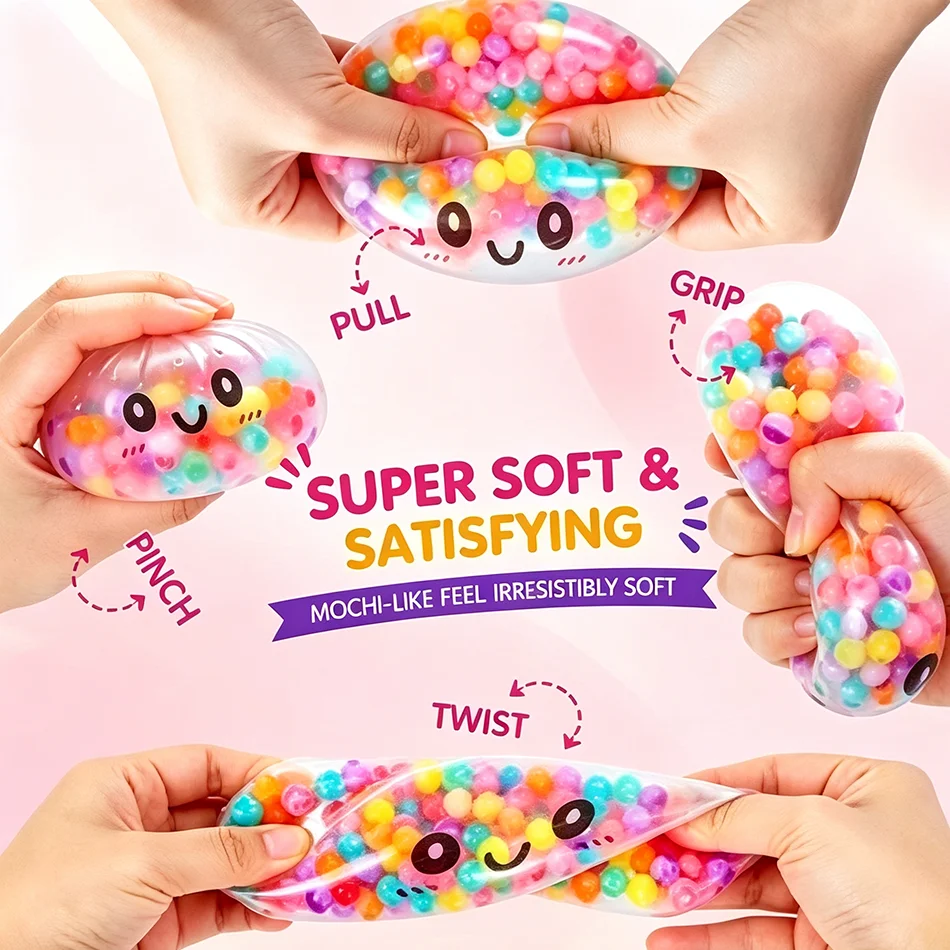 Sugar Edition Rainbow Bead Dumpling Squishy Fidget Toy – Colorful Bead-Filled Squeeze Stress Relief Toy with Bamboo Steamer Case