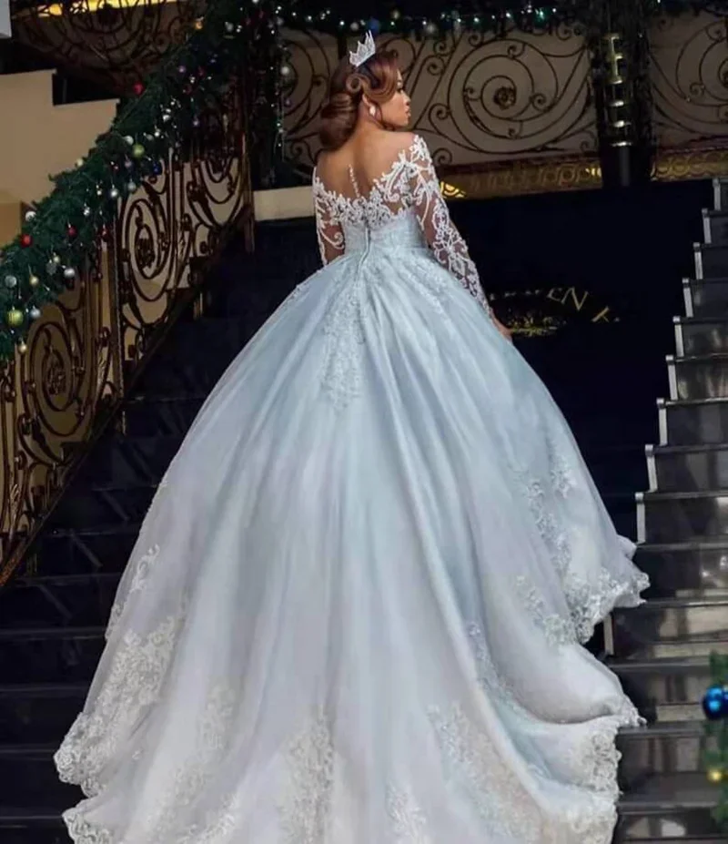 Vestido De novia personalizado con cuentas brillantes y cuello redondo, vestido De novia con ilusión De manga larga De talla grande