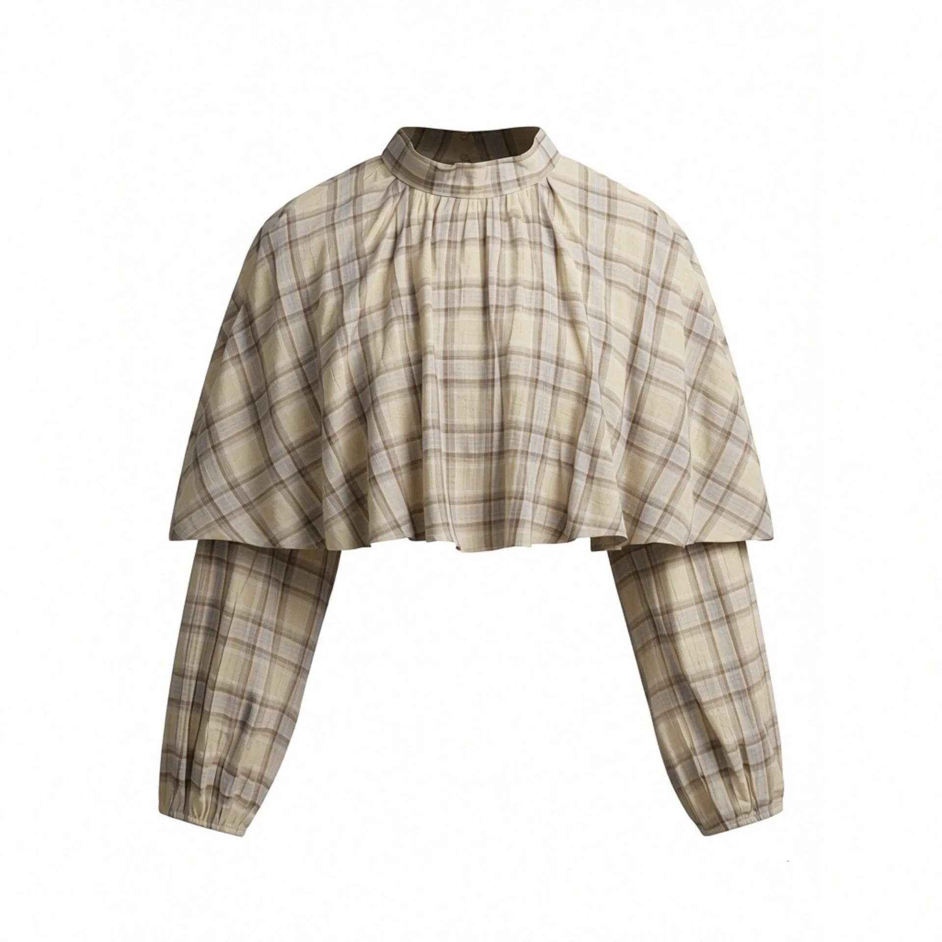 

Withered Blouses Women's Clothes Shirts Tops European And American Style Checkered Layered Decorative Short Top