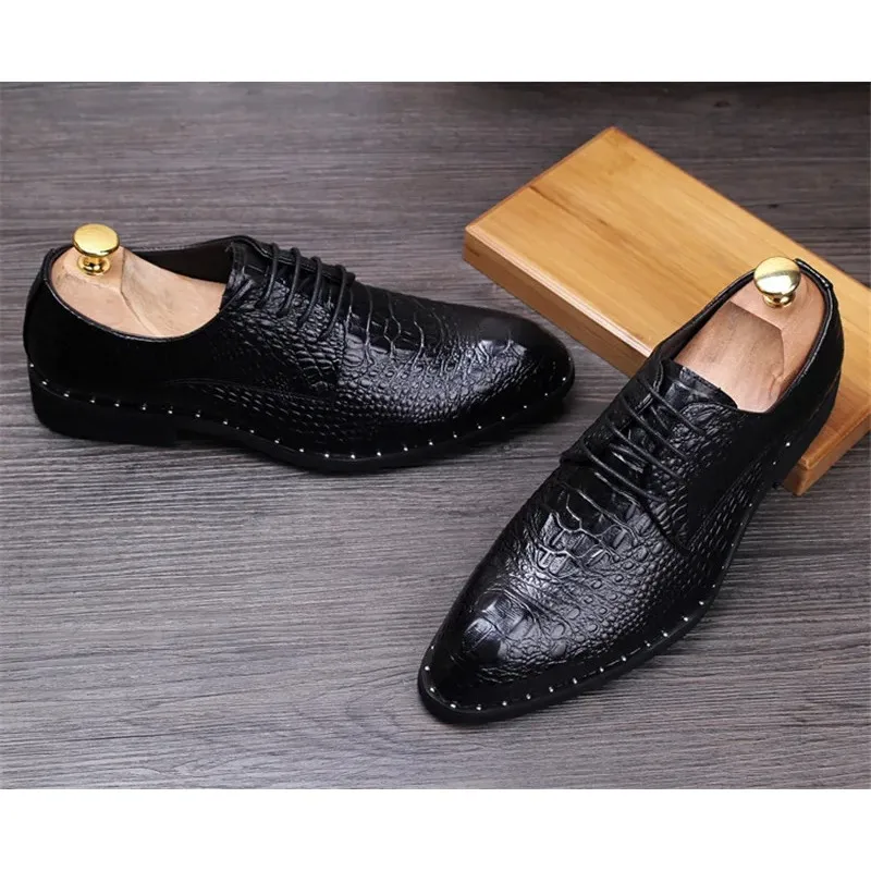 2024 Fashion Men\'s alligator Grain Leather Dress Shoes Man Casual Pointed Toe Oxfords Mens Lace-Up Business Office Oxford Shoe