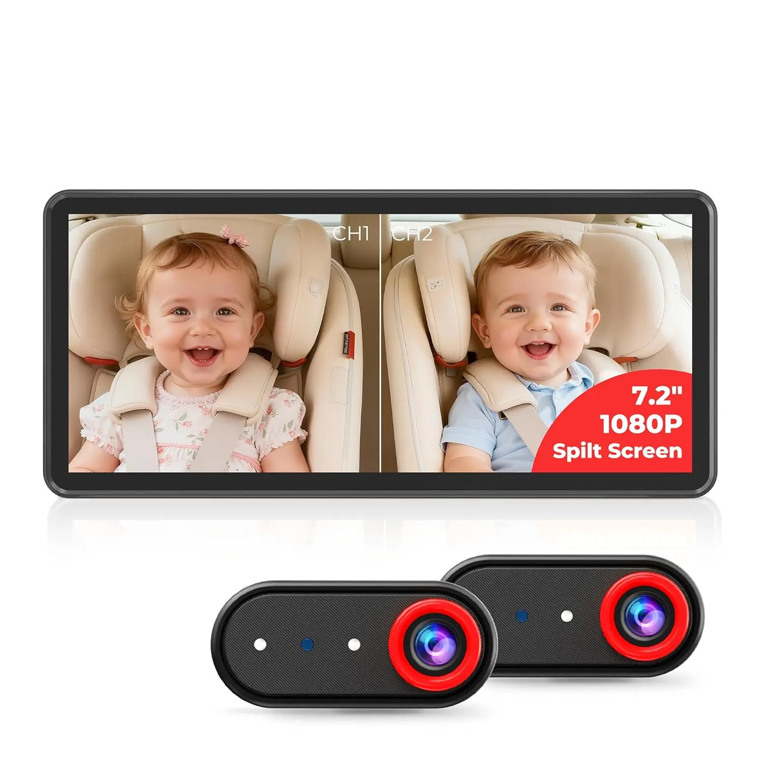 

7.2" Split Screen Baby Car Camera with IR Night Vision, Real-Time Monitoring for Kids & Pets, Easy Install