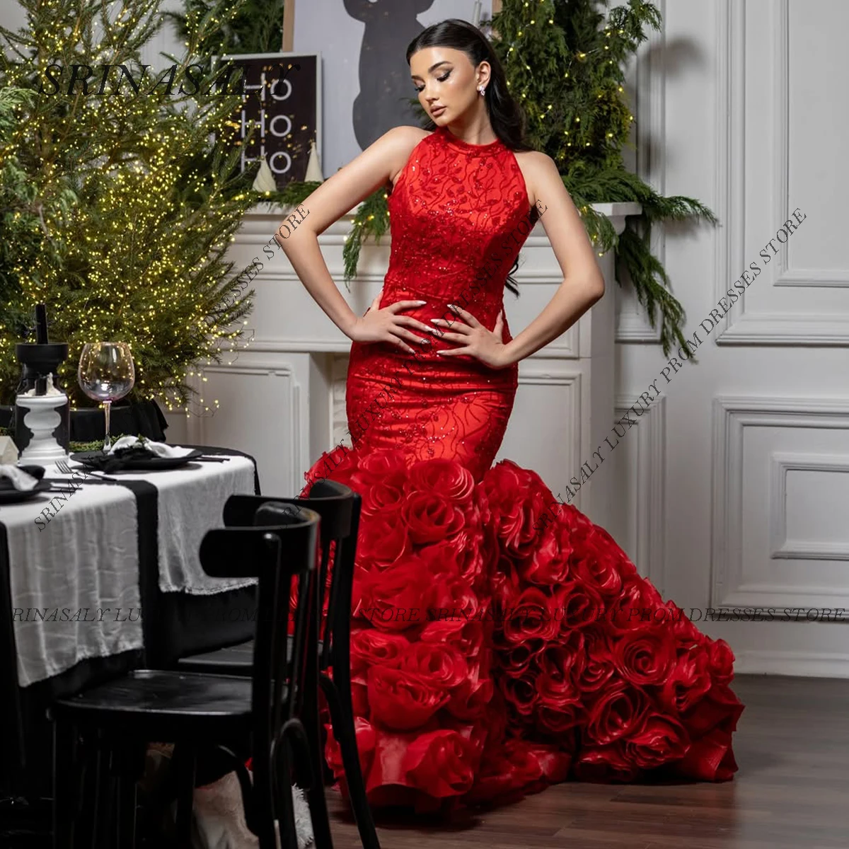 تخصيص طويل حورية البحر فساتين السهرة لفتاة سوداء الديكور الزهور زين الديكور أكمام ثوب مسائي رسمي رداء