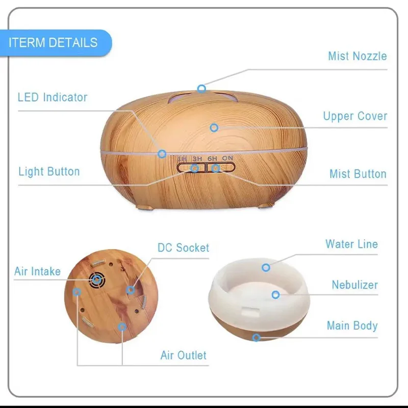 550ML Ultrasonic Air Humidifier Aromatherapy Essential Oil Aroma Diffuser With Remote Control Wood Grain 7 Color LED Lights