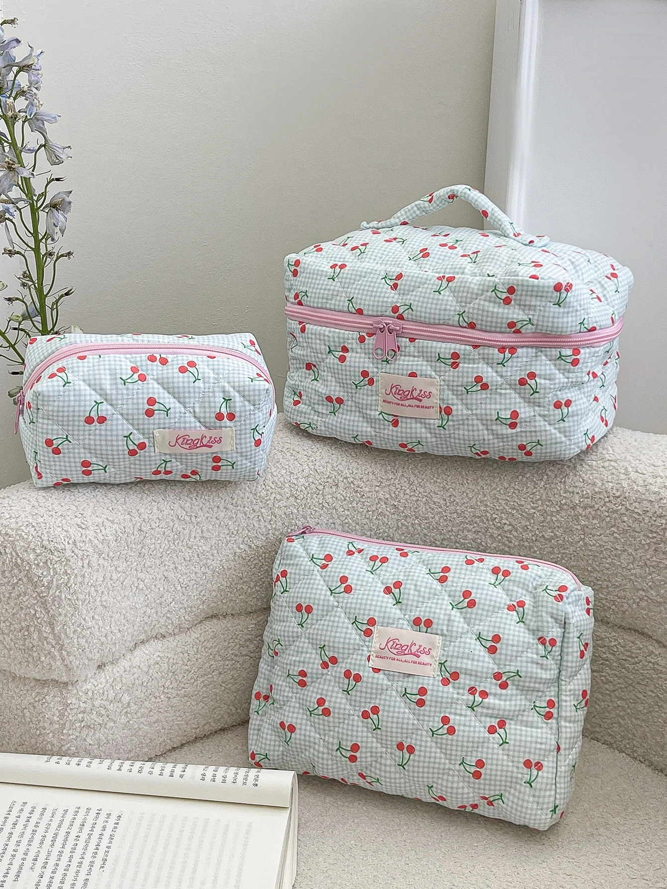 1 unid/set de bolsa de maquillaje acolchada con estampado de cuadros y cereza, bolsa de cosméticos de gran capacidad, conjunto de bolsa de maquillaje, bolsa de maquillaje, organizador de cosméticos