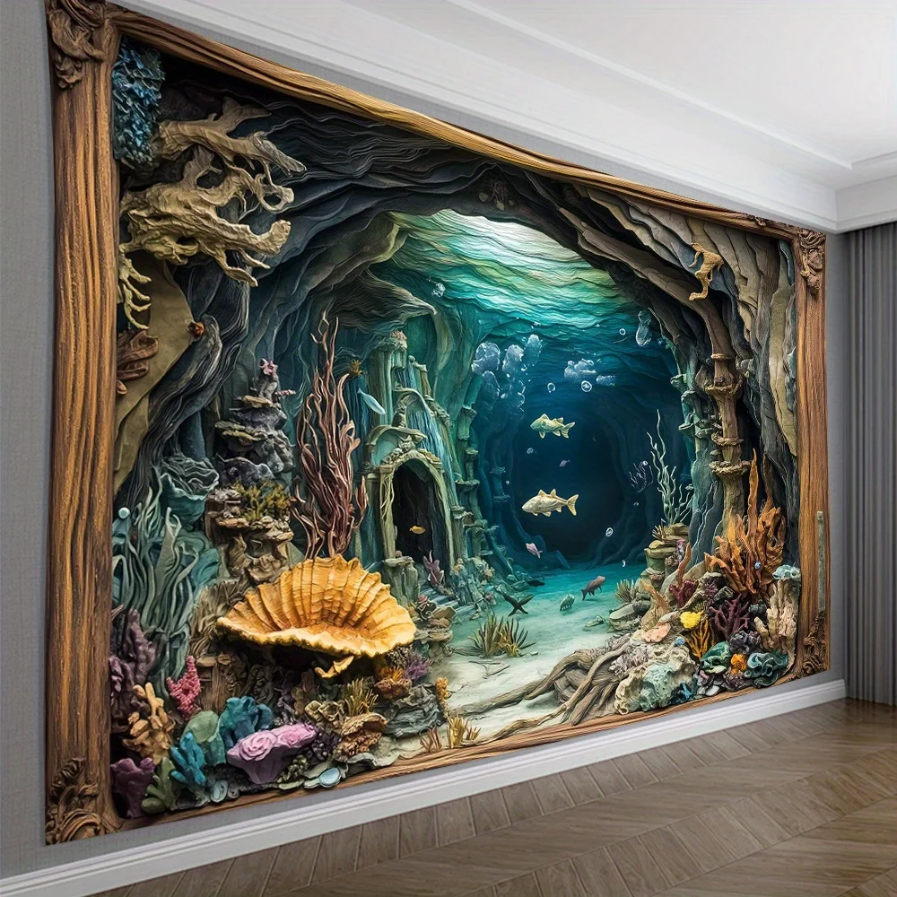 1 lebendiger 3D-Wandteppich für die Unterwasserwelt – realistische Korallenriff- und Meereslebensszene, Wandbehang aus Polyester mit Holzrahmen für