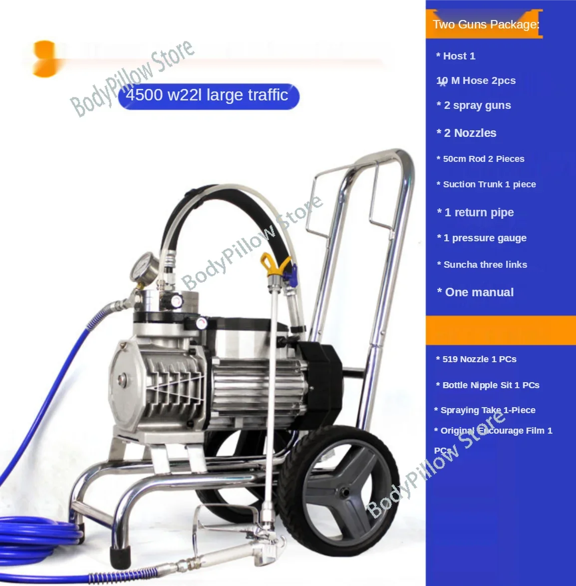 Two Guns High Pressure Airless Paint Sprayer 220V 4500W 22L Min with 1/2 Spray Guns  Painting Machine Emulsion Paint, Steel Pump