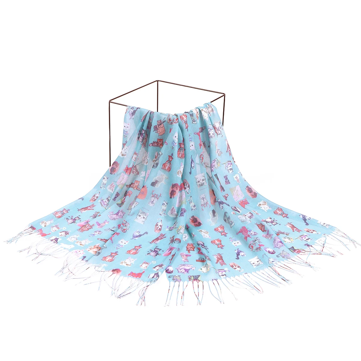 A cartoon animal digitally printed thin sun-proof long tassel decorative scarf and shawl