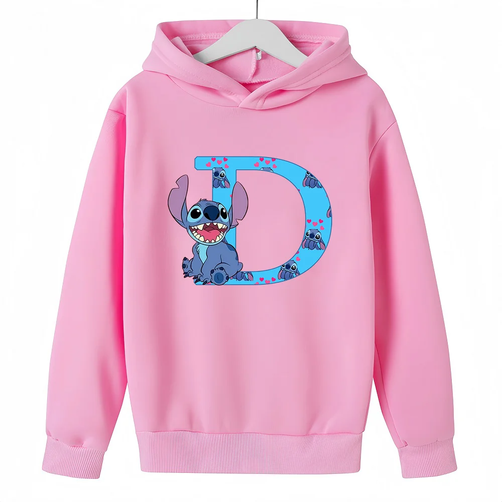 Sudaderas con capucha para niños y niñas, suéter de Manga con dibujos animados de Anime, ropa informal, Tops de moda Kawaii, letras Stitch, Rosa