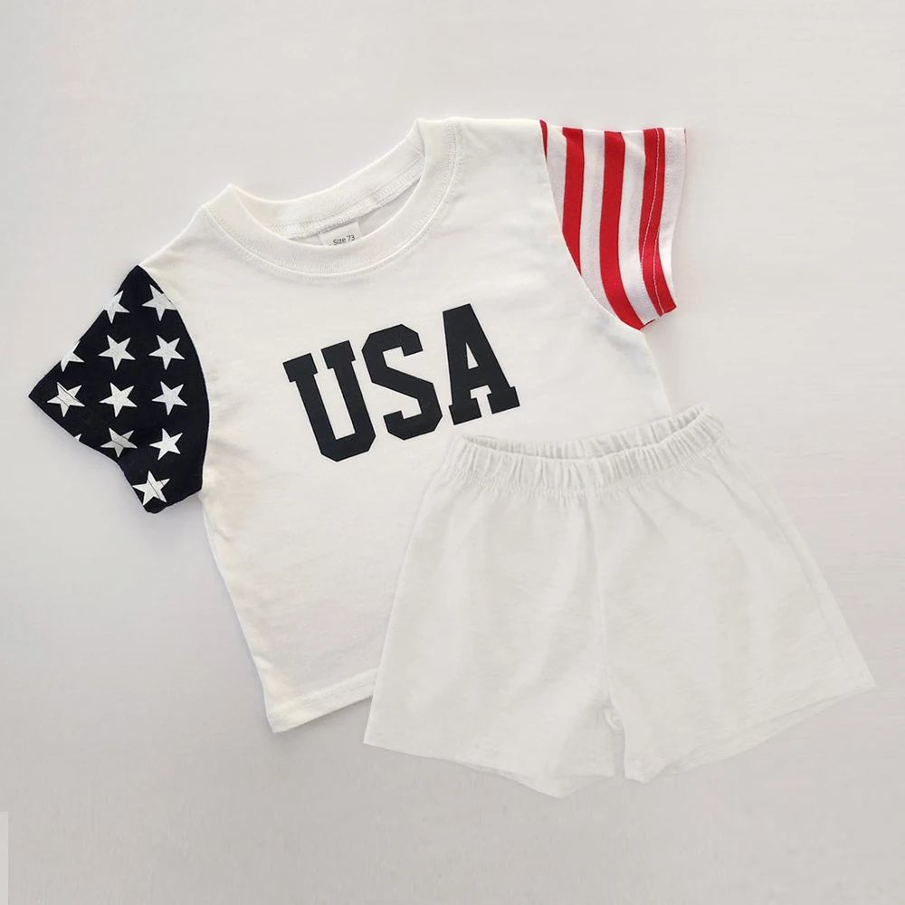 Toddler Boys USA Print Star Stripe T-Shirt  Baby Girls Outfit Set Short-sleeve Kids Clothes Sports Suit Kids Boutique Clothes