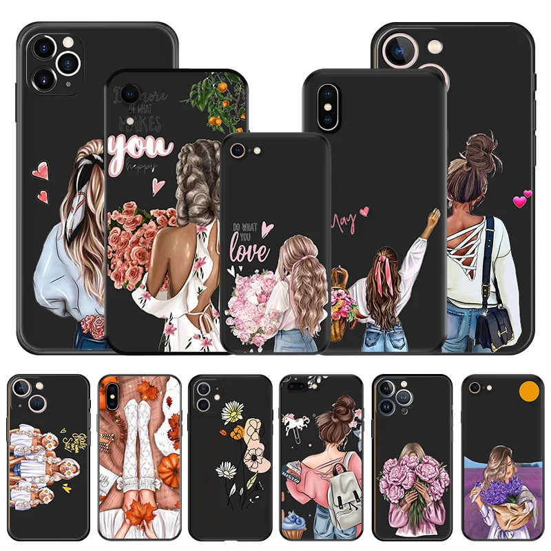 Soft Phone Cases For iphone 16 15 14 13 12 11 Pro XS Max Mini XR 7 8 Plus 16Pro Chrysanthemum Rose Flower Girl Black Matte Cover