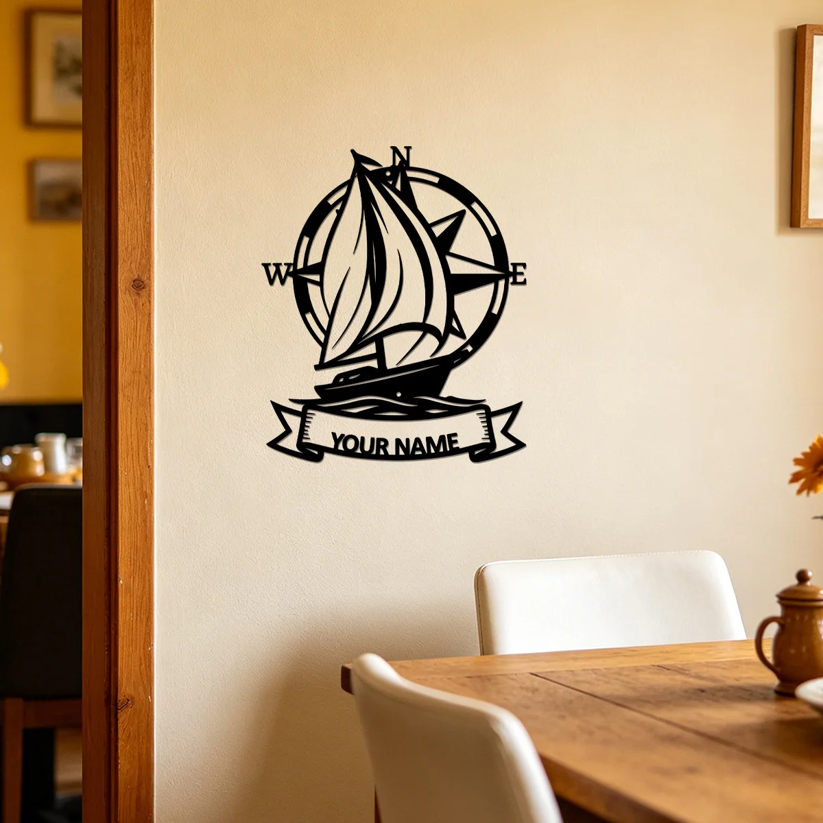 Unique Custom Name Nautical Wall Metal Plaque, Stylish Sailboat Compass Rose Wave Wall Sign,Premium Coastal Home Wall Gift