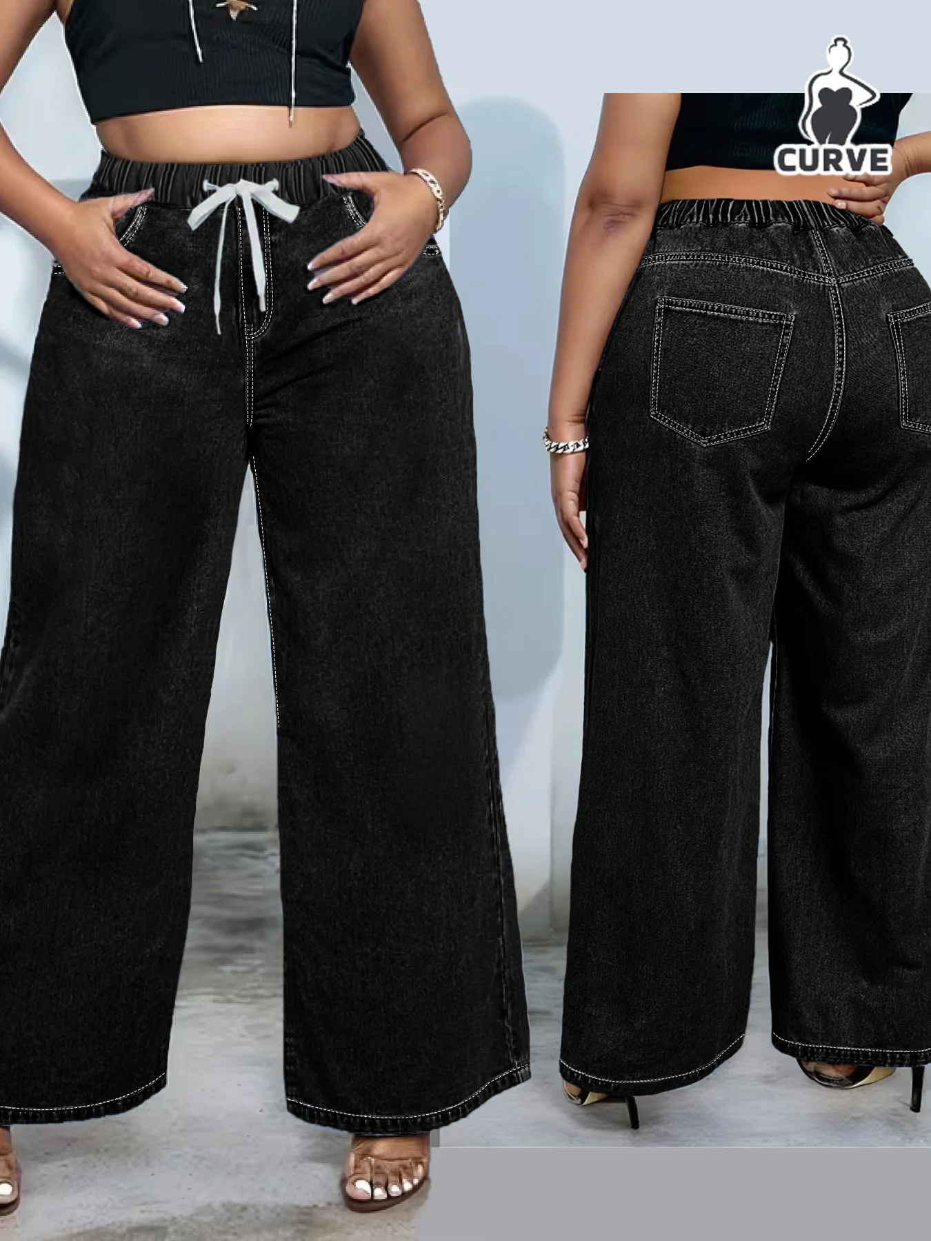 Plus-size women's loose straight-leg jeans, simple belt design, washed high-waisted style. view 5