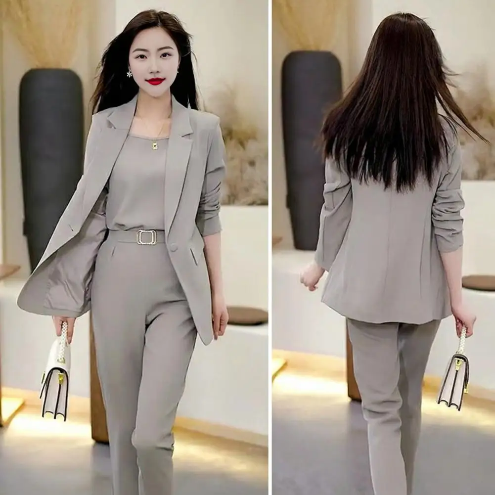 Women Three-piece Suit Elegant Women's 3-piece Spring Fall Outfit Set for Work Daily Wear Sleeveless Vest Long Sleeves Coat Wide