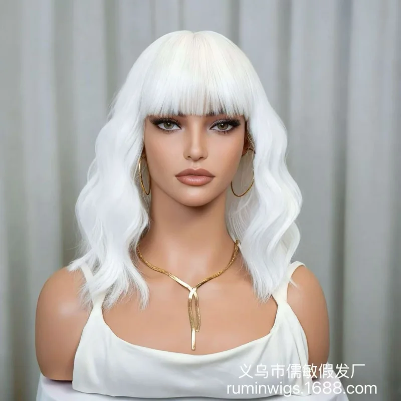 with fluffy bangs, wavy short curly hair, synthetic fiber wig
