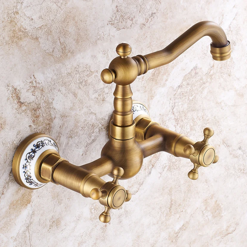 Antique brass ceramic into the wall faucet bathroom washbasin basin wall mount double handle cold and hot water faucet