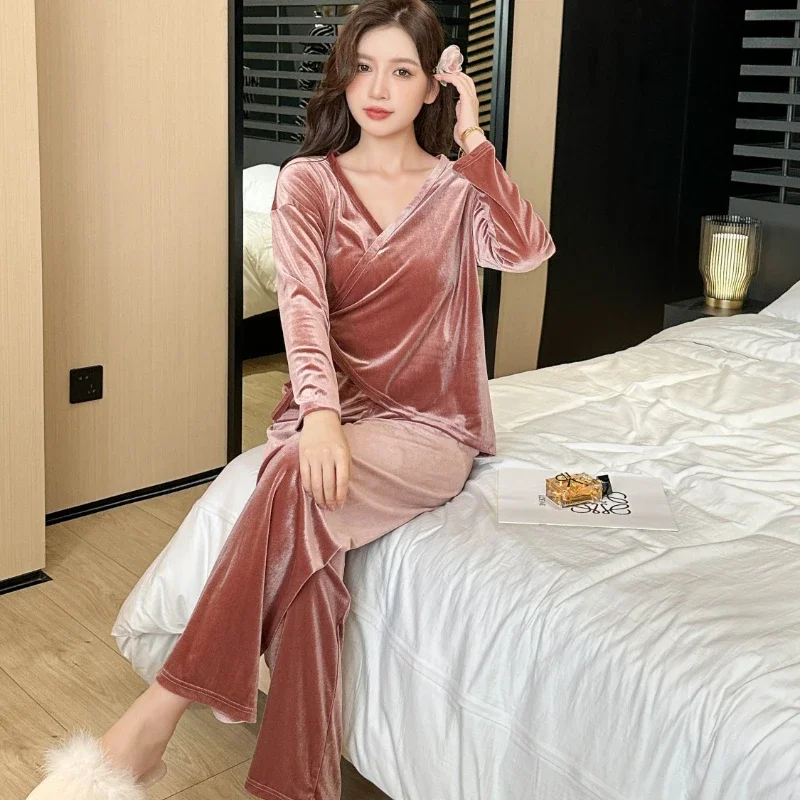 Pleuche-Ensemble de pyjama bandage décontracté pour femme, vêtements de nuit doux et confortables pour la maison, vêtements de nuit sexy, mode Ulzzang, élégant, tout assressenti, doux, automne