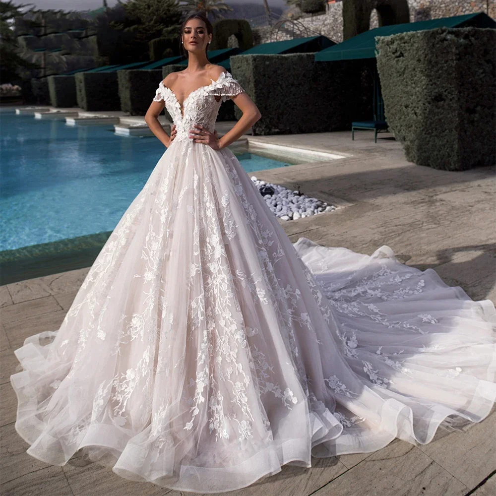 

Vinca Sunny Customized Off The Shoulder A Line Lace Wedding Dresses Appliques Bride Dress Cathedral Train Bridal Gown Plus Size