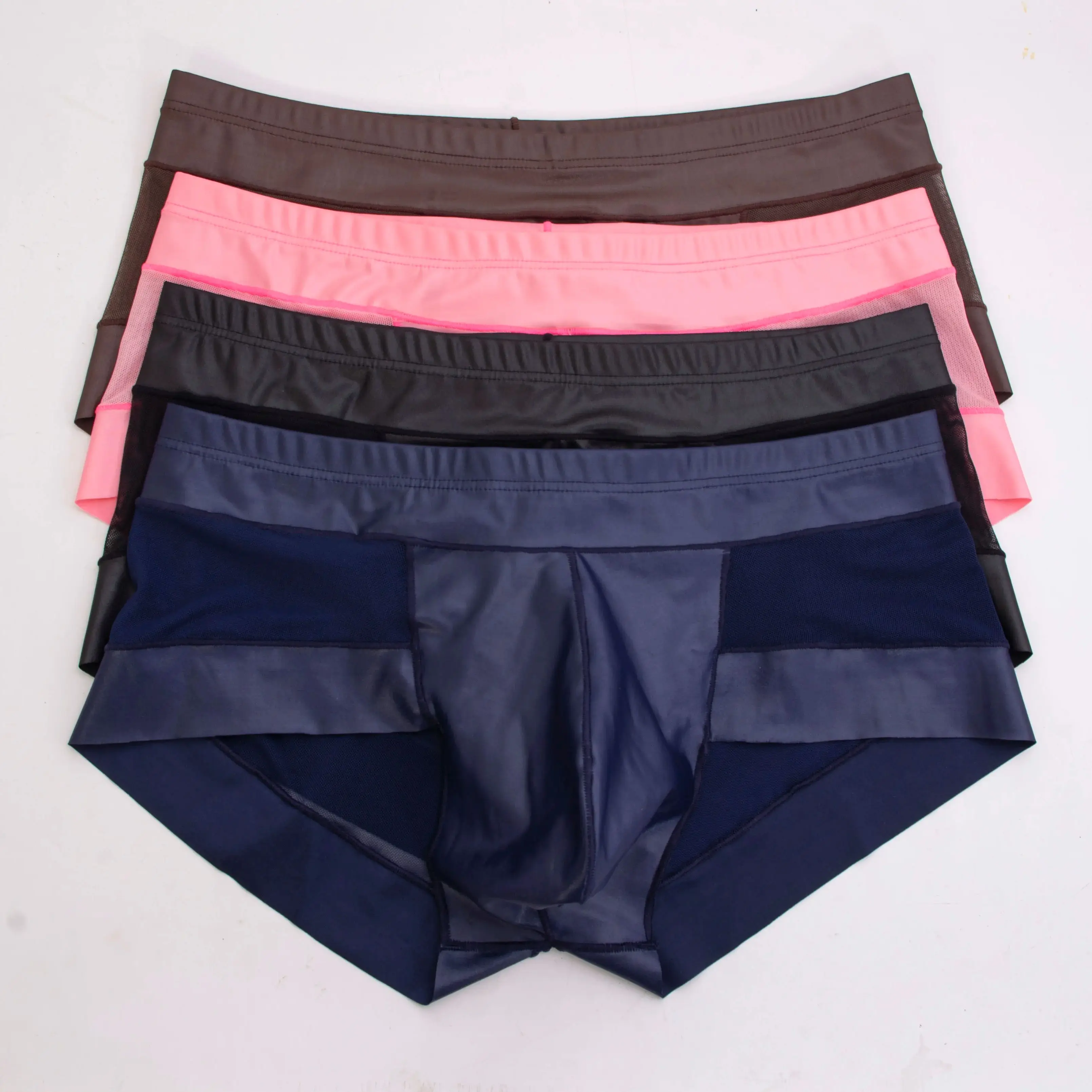 

Men's Sexy Boxer Briefs Breathable Mesh & Patent Leather Blend Panties Comfortable Sheer Low-Rise Underwear