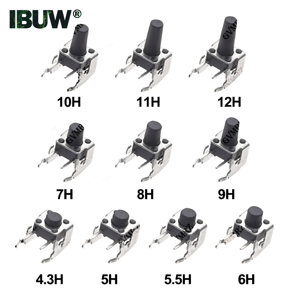 20PCS 4-Pin Self-reset Switch Right Angle With stent 6x6 PCB Momentary Tactile Tact Push Button 6*6*4.3/4.5/5/6/7/7.5/8/9/10mm