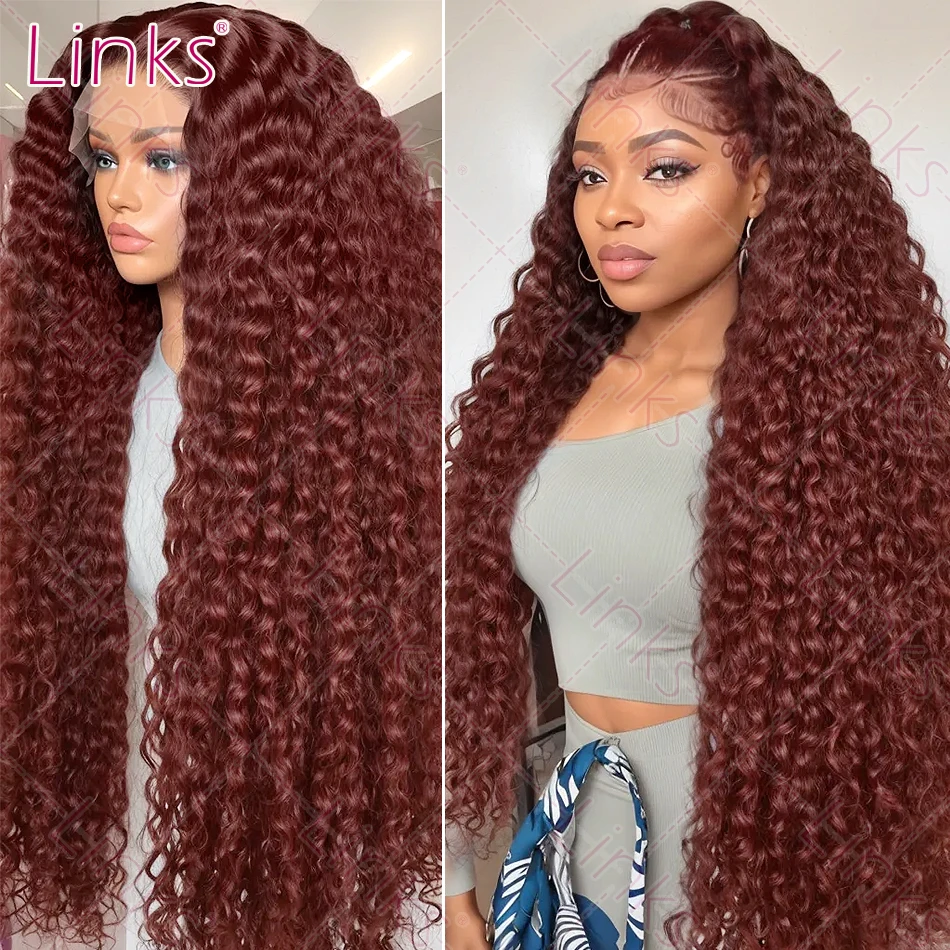 Links Reddish Brown Deep Wave Frontal Wig 13x4 13X6 HD Lace Frontal Wig 220% Colored Curly Lace Closure Front Human Hair Wigs