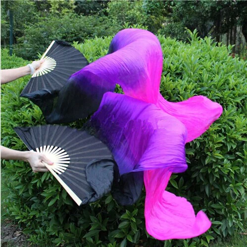 New Arrivall (1pc Left +1pc Right) 180cm Belly Dancing China Real Silk Fan Veils Stock Silk Fans Black + Purple + Fuschia