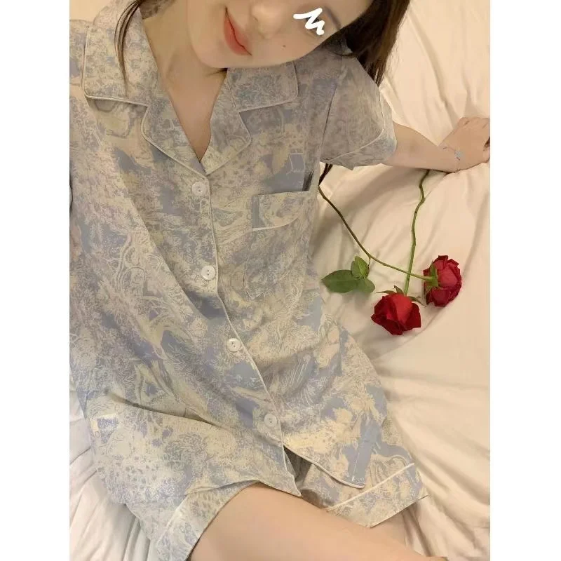 Summer women's pajamas, double short cardigan, cute and sweet lapel, printed ice silk, soft and luxurious women's home wear