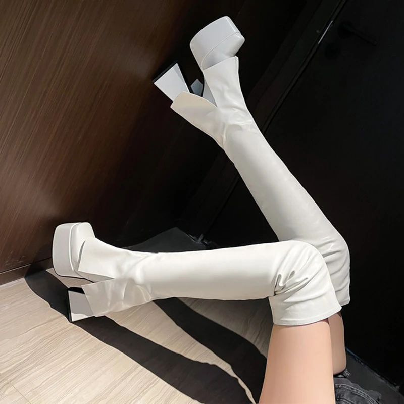 

Size 46 Big Leg Thigh High Booties Women Slip on Overlay Long Platform Boots Wide Fit Skintight Block Heels Folded Shoes