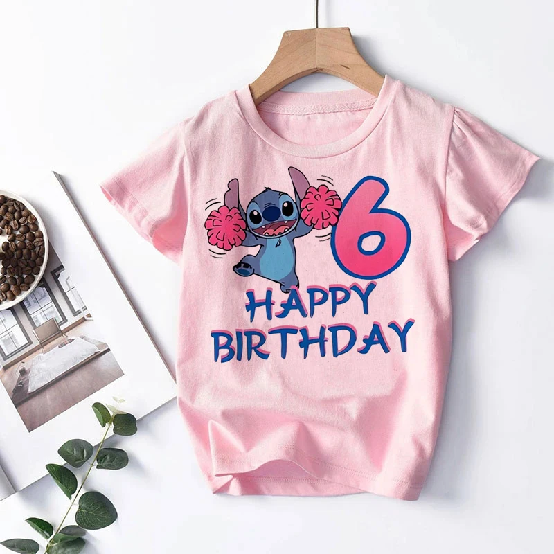 kawaii Stitch Disney Girl Birthday T-Shirt Summer Kids Number Tee Shirt Short Sleeve Children Tee Tops Cartoon Printed Clothes