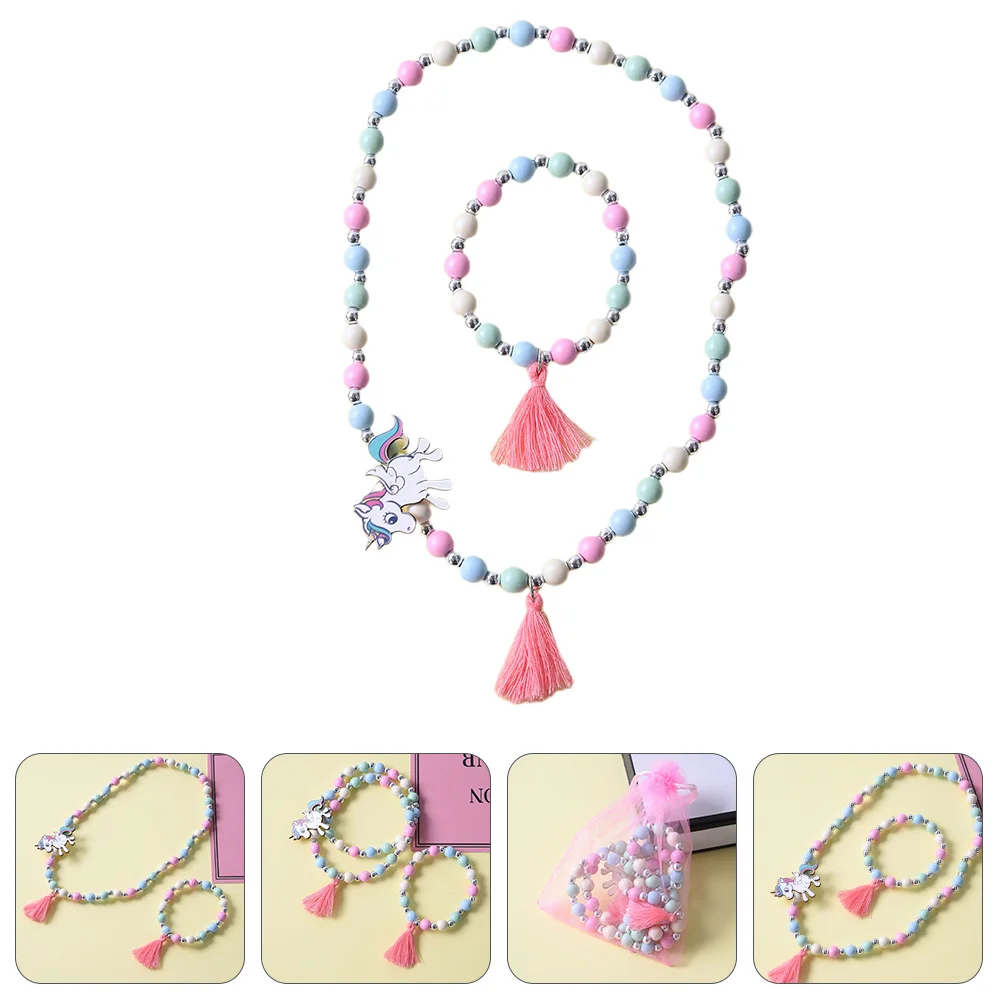 Ensemble de colliers de perles en bois pour enfants, pendentif licorne, bijoux, ensemble de bracelets colorés pour filles, usage quotidien, cadeau de fête, 1 ensemble